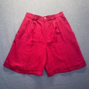 Sake 100% Linen Red Shorts Size 14 High Rise Pleated Pockets Cuffed Zipper